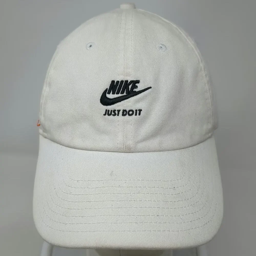 Nike Baseball Cap White OSFM Just Do It Swoosh Safety Pins Slideback Hat Cotton